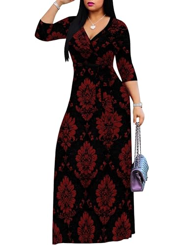 Image of Women's V Neck Floral Maxi Dress 3 /4 Sleeve Plus Size Boho Wrap Flowy Long Dresses with Belt