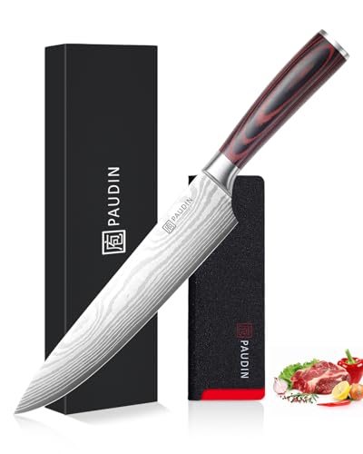 PAUDIN Chef Knife - 9 Inch Sharp Kitchen Knife with Sheath, High Carbon Stainless Steel Japanese cooking knives with Ergonomic Handle, Premium Gift Box