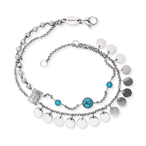 Engelsrufer Damen Armband Boho aus Edelstahl mit drei türkisen Steinen und Lebensbaum Symbol Anhänger - in zwei Längen verstellbar - nickelfrei