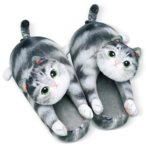 Cute Fuzzy Cat Slippers for Women Indoor and Outdoor, Funny Animal Winter Warm Memory Foam House Slippers, Gifts for Women and Cat lovers