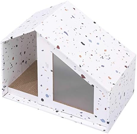 Furrytail Little House Corrugated Cat Scratcher Cardboard, Cat House Condo Bed with Scratcher, Semi-Transparent Window (White)