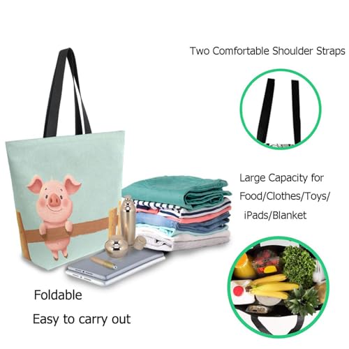 Cute Pig Hanging on Fence Green Extra Large Canvas Gym Shoulder Tote,Durable Daily Reusable Top Handle Bag for Mens Womens Yoga Weekender Picnic Beach Travel Market Shopping2
