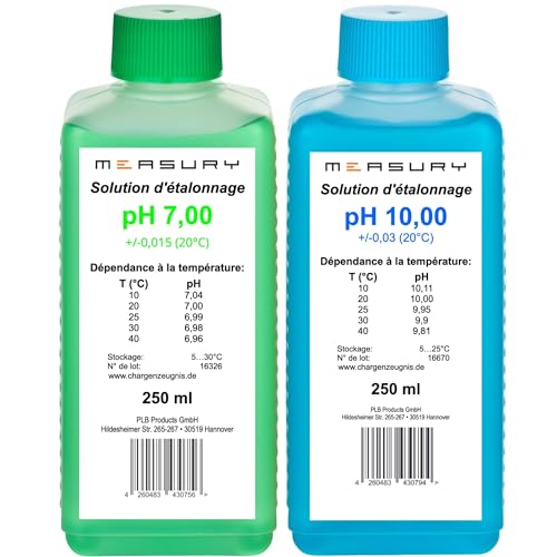 Measury Solution d'étalonnage pH 7.00 et 10.00 - fabriquée en Allemagne, solution tampon pH 250 ml chacune, solution d'étalonnage vert/bleu, ensemble de liquide d'étalonnage