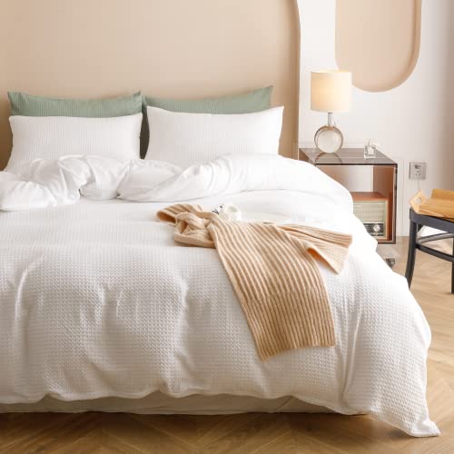 Weigelia Microfiber Queen Comforter Set, White Waffle Comforter Set 3Pcs Soft Lightweight Bed Comforter For All Season #TOP6