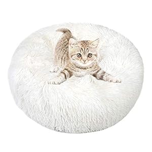 otoez Kitten Puppy Bed Extra Small XS Round Dog Cat Beds Anti Anxiety Plush Pet Calming Donut Bed with Non-Slip Waterproof Bottom, Washable (15.7″, White)