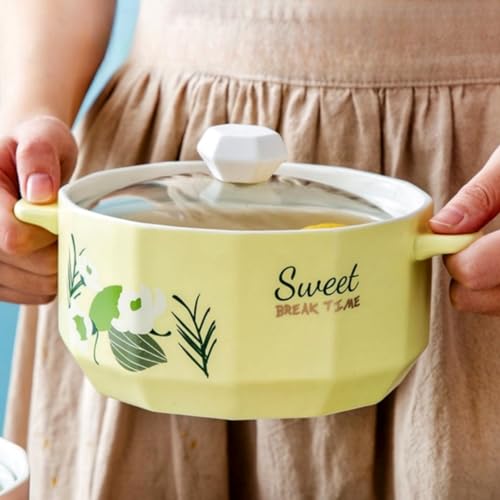 vonghome ラーメン鉢 麺鉢 6インチスープ茶碗 蓋付き ガラスカップカバー お椀 汁椀 吸物椀 雑煮椀 陶器 大容量900ml 和食器 日本風 スープ カップ ご飯 ラーメン丼 和食器 保温 電子レンジ対応 業務用 家庭用 (イエロー)