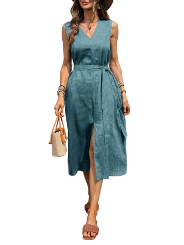 Image of Women's 100% Linen Midi Dress V Neck Sleeveless Tie Waist Side Slit Dresses 2026 Summer Dress with Pocket