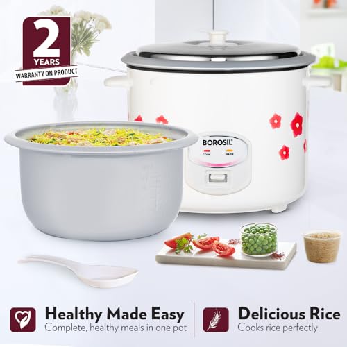 Image of Borosil Pronto Dual 2.8 L Electric Rice Cooker with 2 Pot | 1000W, Keep Warm Feature with Indicator Display, Anti Skid Rubber Feet | Cook & Boil Noodles, Rice, Upma, Idli, Dhokla | 2 Years Warranty