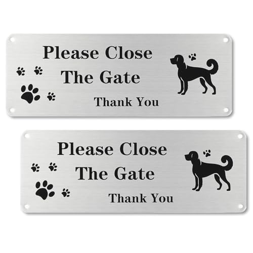 2 Pack Please Close The Gate Sign Dog 25×9cm Close The Gate Sign Reflective Aluminium with Pre-Drilled Holes UV Resistant Waterproof Anti-rust For Outdoor Gate Wall Fence