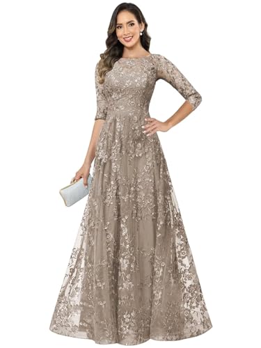 Mother of The Bride Dresses with 3/4 Sleeve Lace Appliques Crew Neck Wedding Guest Formal Gown