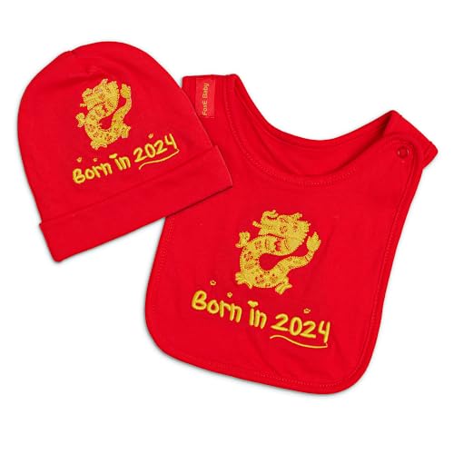 Image of FoxE Chinese New Year Born in Bib & Beanie Set for Boys & Girls - Unisex, 100% Cotton, 0-24 Months - Lunar New Year Gifts