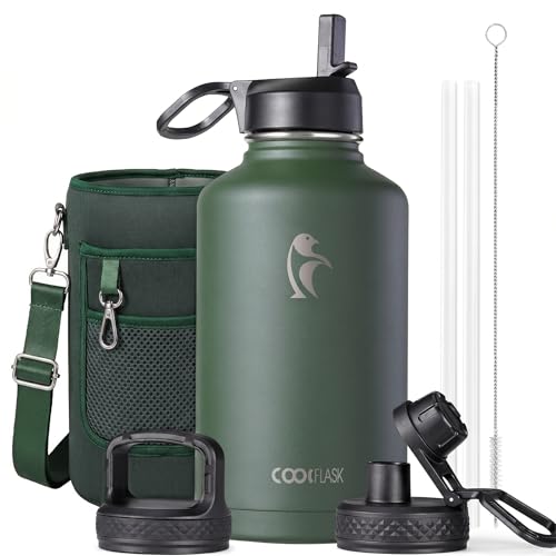 Image of Coolflask Half Gallon Water Bottle Insulated with Straw & 3 Leakproof Lids