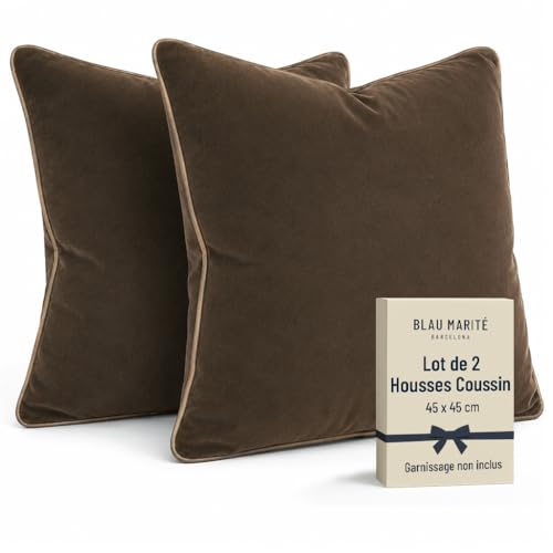 Blau Marité Lot de 2 Housses de Coussin carrées en Velours Doux avec Passepoil contrasté, pour canapé, lit, Salon et Chambre, Marron et Camel 45x45 cm