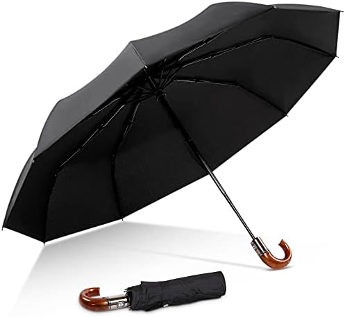 DORRISO Luxury Men Folding Umbrella Automatic Open Close Imitation Wood J-handle Compact Business Windproof Travel Umbrella J-handle Yellow