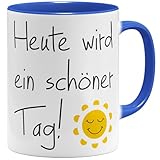 OM3® Taza de café con texto en alemán 'heute wird ein schöner Tag - gute Laune Sonne Motivation - Keramik Becher - 325ml - Zweidseitig Bedruck - Blau