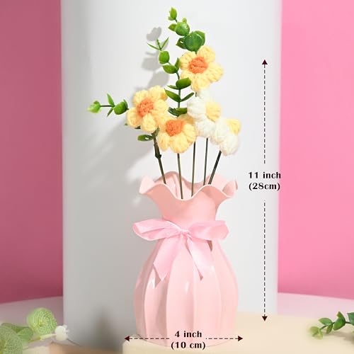 Image of Art Street Handmade Crochet Flower Bouquet in Pot | Yellow & White Knitted Artificial Flowers with Green Leaves & Ribbon | Cute Desk Decor for Home, Birthday, Anniversary
