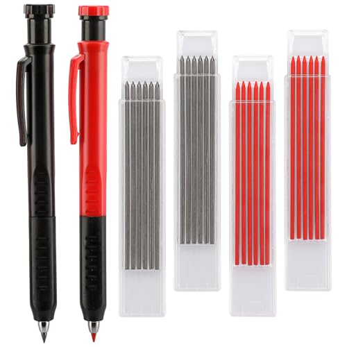 BSTKEY 大工用鉛筆 建築用シャープペン レッドとブラック 替え芯2色24本付き 内蔵鉛筆削り