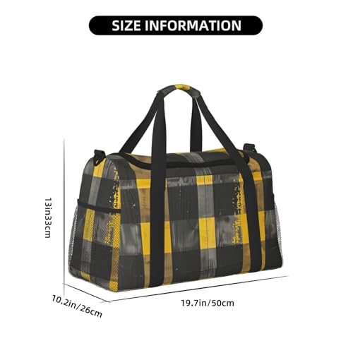 Yellow Gray Black Plaid Print Foldable Carry On Tote Large Capacity Hand Carry Bag for Airplane Weekend Getaways4