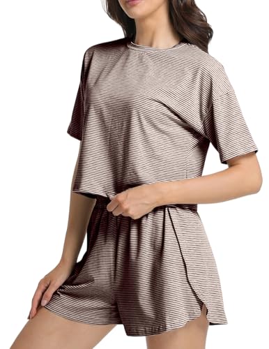 Image of Split Short Pajama Set Soft Women's Striped Pajama Sleeve Tee & Elastic Waist Shorts Summer Lounge Sleepwear