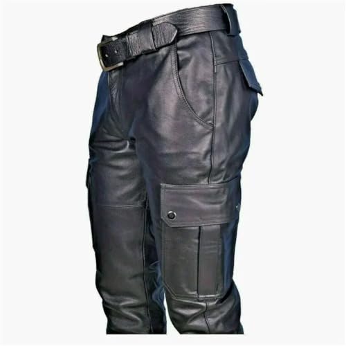 Men's PU Leather Motorcycle Pants with Cargo Pockets Elastic Waist Trousers4