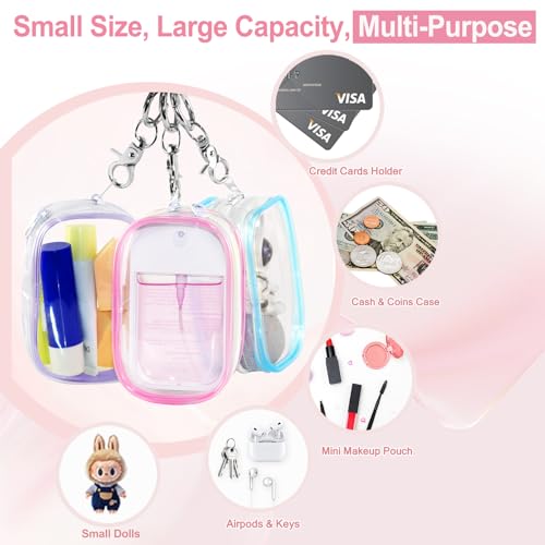 Image of Hand Sanitizer Spray Clear Case for 1FL OZ /30ml, 3 Pack Hand Sanitizer Holder Zippered Pouch, Mini Clear Makeup Bag, Figures Display Bag, with Keychain Snap Hook (Pink & Blue & Purple)