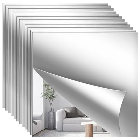 12PCS Acrylic Mirror Tiles,12x12 Inch Flexible Mirror Sheet,Self Adhesive Self Cuttable Mirror Wall Stickers Non Glass Square Mirrors for Home Wall DIY Decor Cover