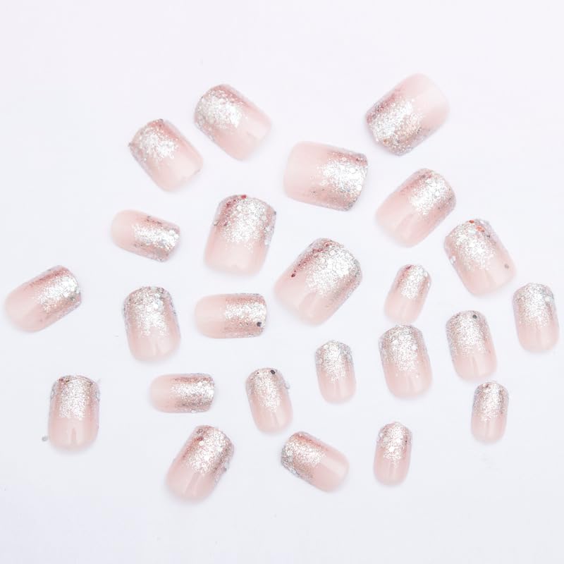 JUSTOTRY 24 Pcs Silvery Glitter False Nails Short Pattern,Pink French Square Press on Nails,Glossy Fake Nails Medium for Nails Art,Classy Squoval Stick on Nails for Women Gifts - Image 3