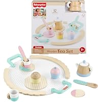 Fisher-Price Wood Pretend Play Toy Tea Set, 12-Piece Wooden Playset with Teapot, Cups & Saucers for Preschool Kids Ages 3+ Years