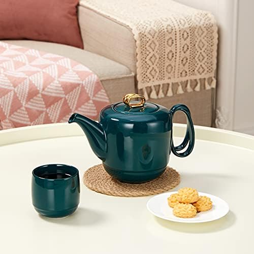 ZENS Teapot with Infuser, 1000ML Entwined Handle Porcelain Loose Leaf 4 Cups Tea Set, Gold Trim Luxury Japanese Gift Tea Pot for Afternoon Tea /Green