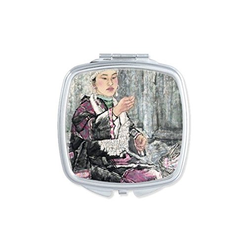 Miroir compact argent peinture chinoise Miao artisanat d'art needlework carré
