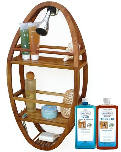 Image of AquaTeak Patented Moa Oval Teak Shower Organizer Two-Step Care Kit