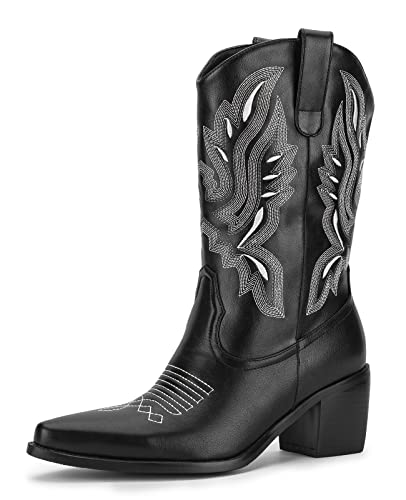 Aituis Western Cowboy Boots For Women - Black Mid Calf Cowgirl Boots With Embroidered, Slip On Pointed Toe Chunky Heel Retro Classic Boots Pull On For Girls Ladies Spring Fall Fashion Size 7 #TOP4