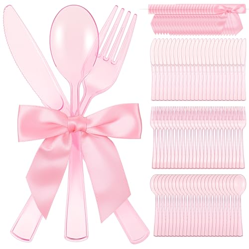 Minatee 25 Sets Pink Plastic Cutlery Set with Twist Tie Bows, Heavy Duty Tableware Disposable Pink Forks Knives and Spoons Silverware Utensils Set for Coquette Birthday Party Table Setting Picnics