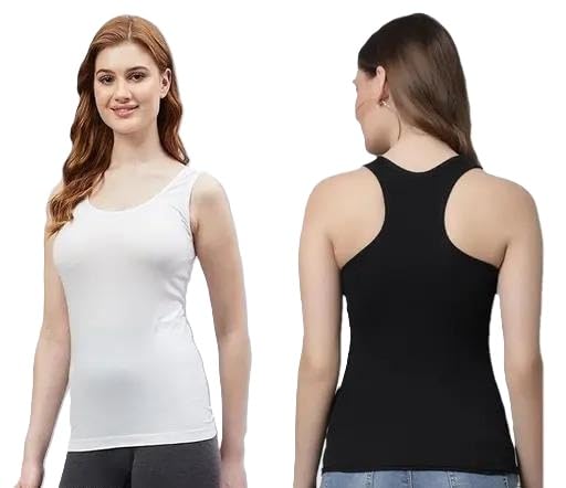 Women Lock Neck Camisole Pack of 2 Black & White Sleeveless Tank Top Y Neck Spaghetti Inner Slip for Daily-image-38
