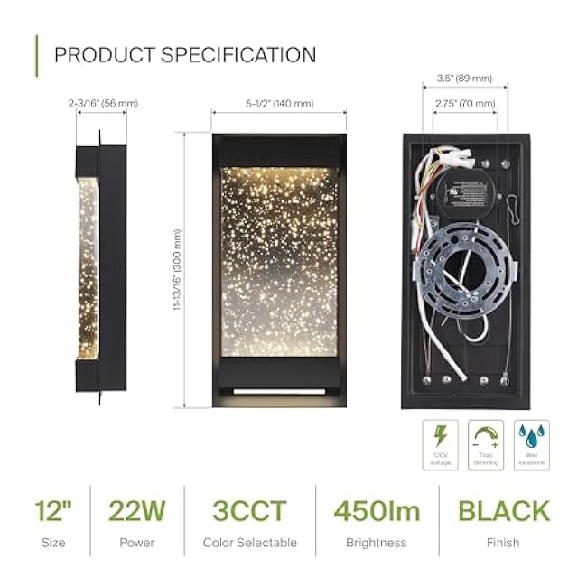 ASD LED Wall Light Fixture 12 Inch 22W 3000K-5000K Exterior Flush Mount Sconce Black