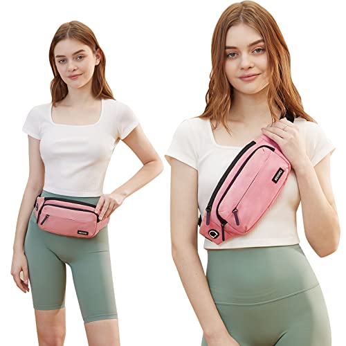 Image of SINNO Large Crossbody Fanny Pack for Women Men Belt Bag With 4-Zipper Pockets for Travel Running Hiking Workout Dog Walking Outdoors Sport Fishing Waist Pack Bag Carrying All Phones, Pink(4 Zipper