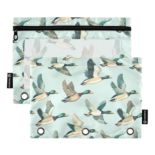 Wusikd Mallard Flying Sky Pencil Pouch for 3 Ring Binder 2 PCS Duck Binder Pouch with Zipper Clear Pencil Bag for Office College School Supplies