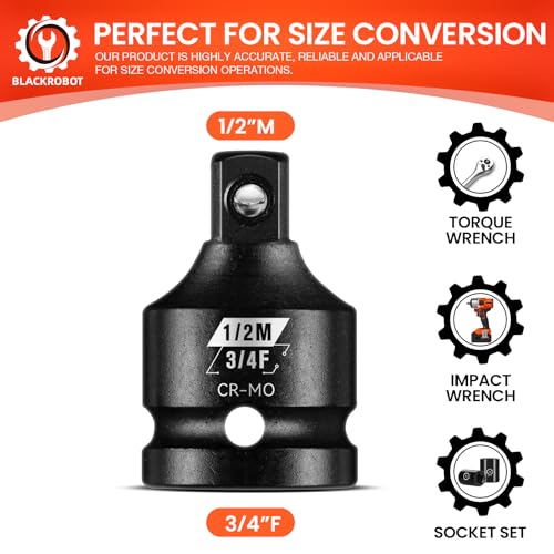 Image of BLACKROBOT 3 /4 inchF To 1 /2 inchM Impact Socket Adapter, Cr-Mo Steel Exceeds ANSI Standards, Square Drive Reducer for Impact Driver Wrench