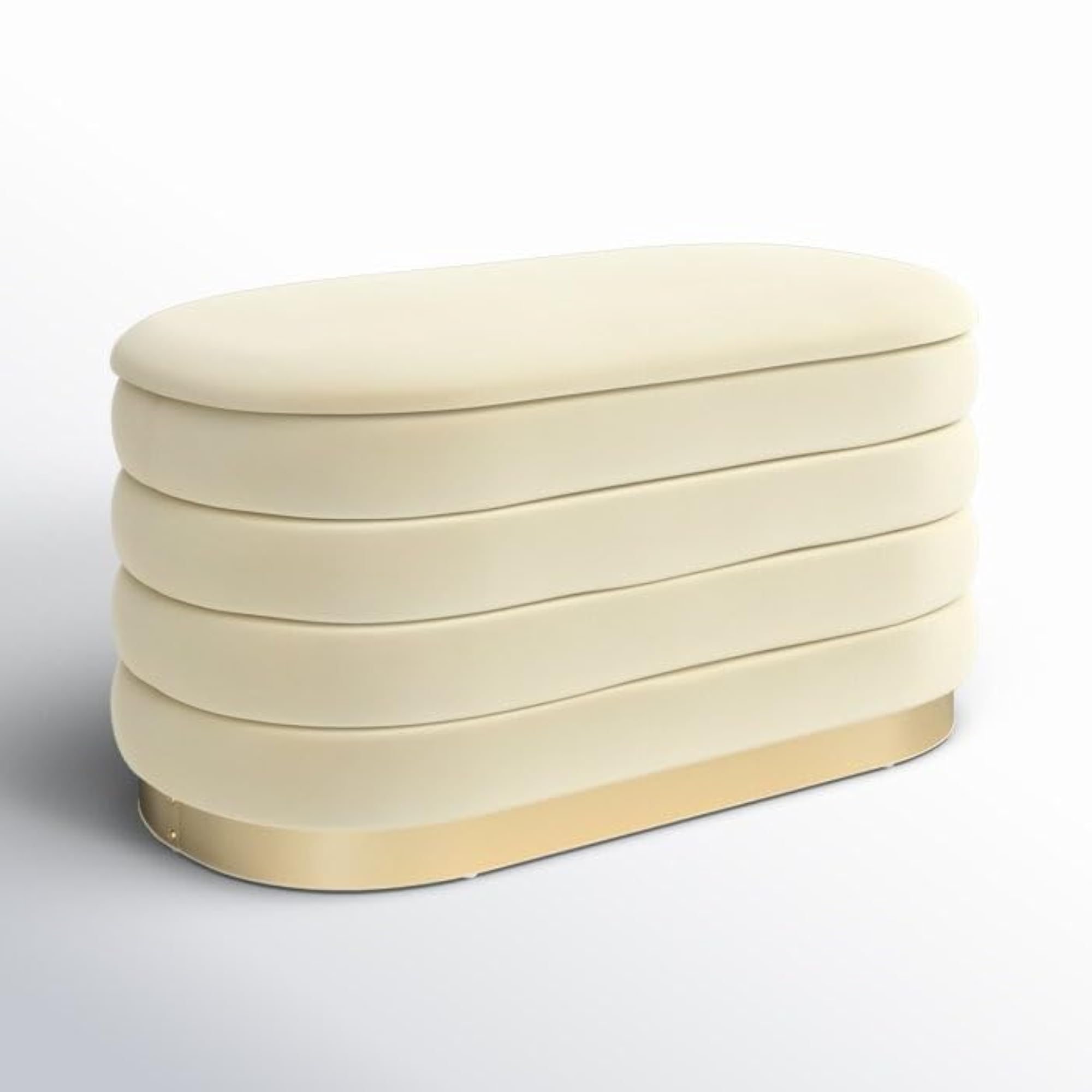 Modern Oval Storage Ottoman with Golden Strip, Cream Velvet