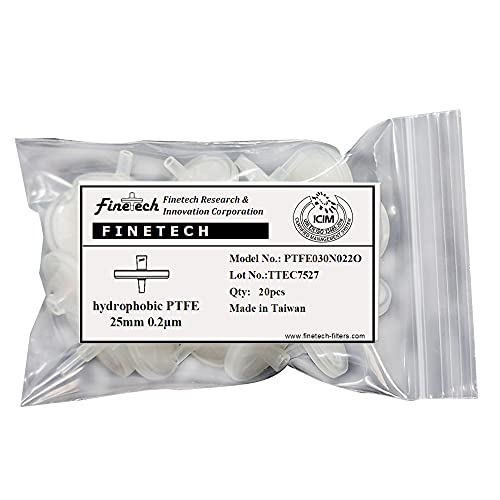 Image of Hydrophilic PTFE Syringe Filters 25mm Diameter 0.22μm Pore Size for Laboratory Filtration by Finetech (Pack of 20) Made in Taiwan (PTFE Hydrophilic 25mm 0.22um, 20)