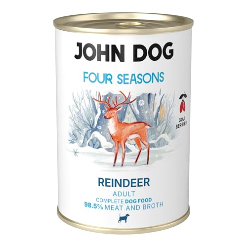 John Dog Premium Hundefutter Nass mit Rentier 400g - Monoprotein Nassfutter für Hunde - Glutenfreies Hundenassfutter mit 98,5% Fleischanteil - Hypoallergenes Futter - Four Seasons