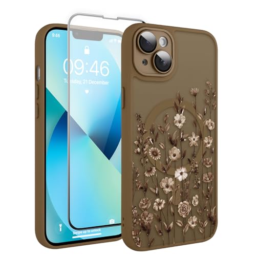 Image of Magnetic for iPhone 13 Case with Screen Protector, Brown Flower | Pretty Floral Pattern Design [Compatible with MagSafe] [Full Camera Protection] Shockproof Slim Cover for Women Girls