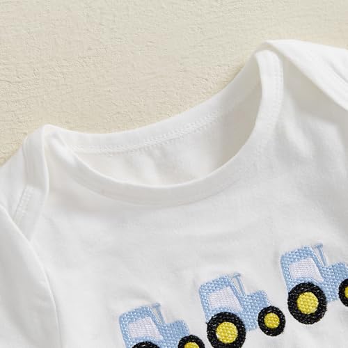 Baby Boys Tractor Outfit Toddler Summer Clothes Embroidery Romper + Suspender Plaid Shorts 2 Pieces Set3