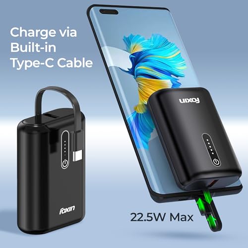 Image of Foxin Fist 10000mAh 10k Mini Power Bank | 22.5W Super Fast Charging | Built-in Type-C Cable & PD Output | Small Pocket Size | for iPhones /Android Mobiles & Other Devices | Made in India - Black