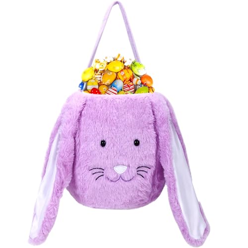 Image of Plush Easter Bunny Basket, Monogrammed Bunny Easter Buckets with Long Plush Ear, Egg Hunting Easter Gift Bags Easter Tote Bags for Easter Decorations Candy Gifts…