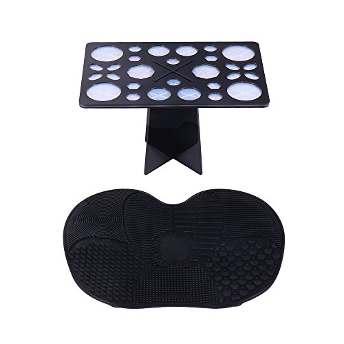 Silicone Makeup Brush Cleaner Mat Brushes Cleaning Pad and Acrylic Makeup Brush Drying Rack Stand with 28 Holes
