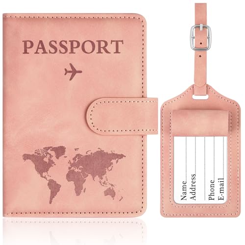 OFFCUP Custodia per Passaporto, Custodie Porta Passaporto con Blocco RFID, Custodia Passaportos con Etichetta Valigia in Pelle PU per Carte d'Identità Carte di Credito, Passaportos Pass (Rosa)