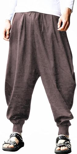 Image of AITFINEISM Men's Drawstring Casual Hippie Harem Pants Loose Drop Crotch Trousers (S,Light Brown)