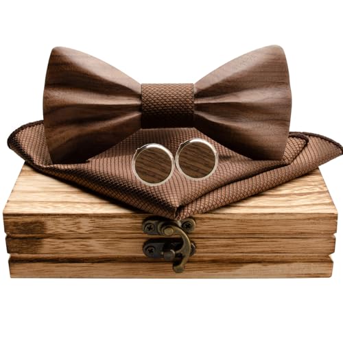 Mr.Van Noeud Papillon Hommes Bois Fait Main, Taille Réglable,Classique en Bois de Noyer Noir Naturel avec avec Boutons de manchette,Mouchoir set et...