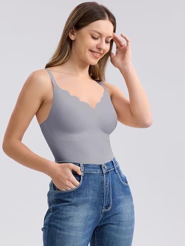 Image of GXOULRRA Comfortable Wireless Women's Camisoles Tank Tops with Built in Bra Seamless Tank Tops for Women Camis Tank Grey,L